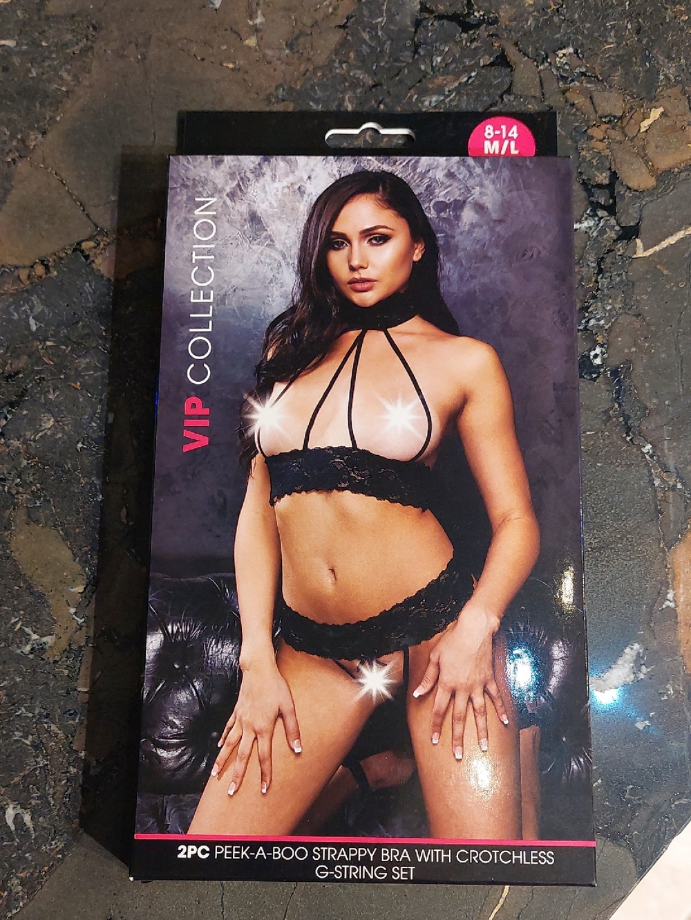 VIP Black Peek-A-Boo Strappy Lace Bra & G-String Set